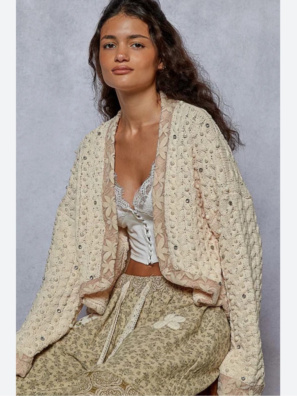 New: POL Boho Cream Beaded Chenille Crochet Knit Open-Front Lace Trim Cardigan•S - Picture 2 of 9